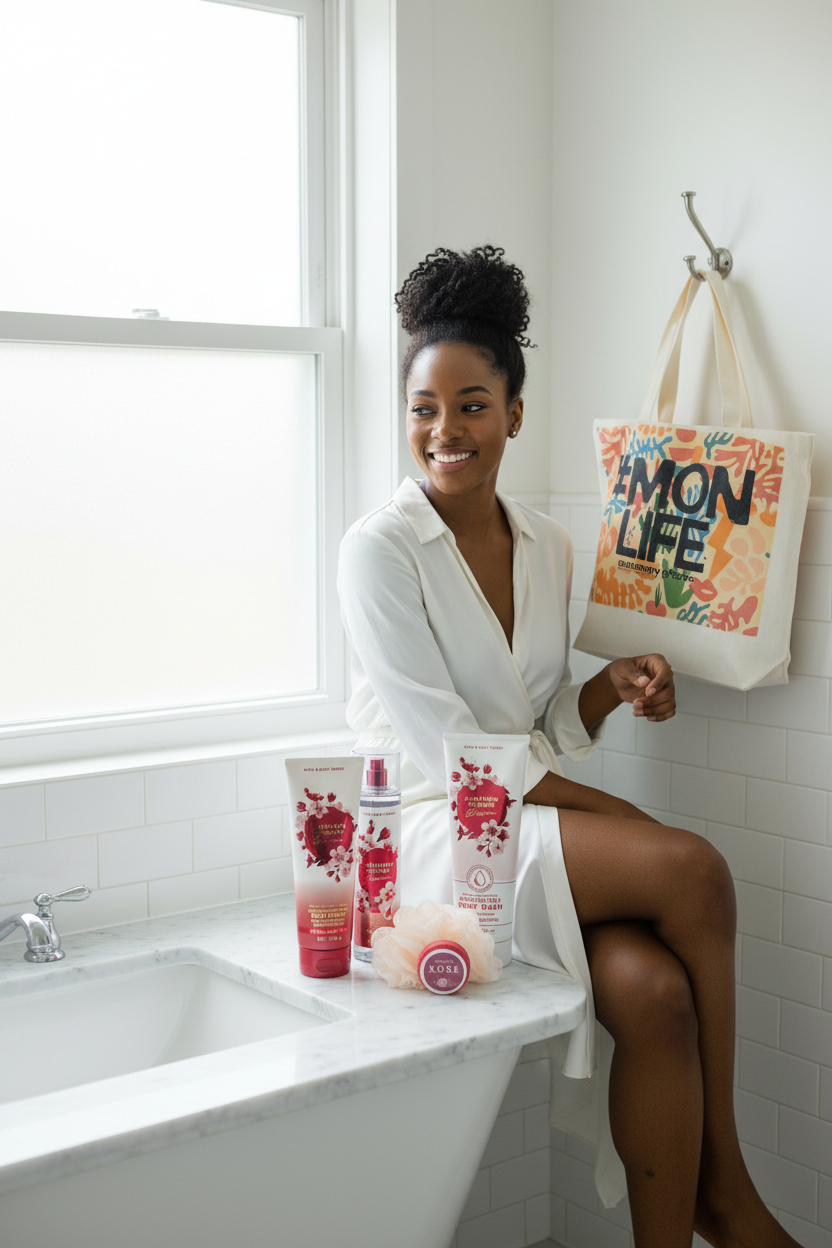Japanese Cherry Blossom - Black Woman Bathroom Lifestyle